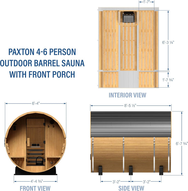 Outdoor Barrel Sauna Built for Year-Round Use, 4-6 Person Cedar, 9kW Electric Heater, Wi-Fi Control Panel