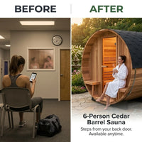 6-Person Patchworkred Cedar Traditional Steam Barrel Sauna — Before & After