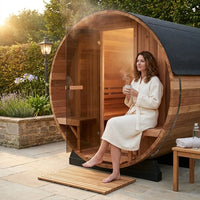 6-Person Patchworkred Cedar Traditional Steam Barrel Sauna — Lifestyle