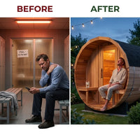 Traditional Steam Barrel Sauna Built for Luxury Wellness, 6-Person Cedar Construction, 158°F Adjustable Heat — Before & After