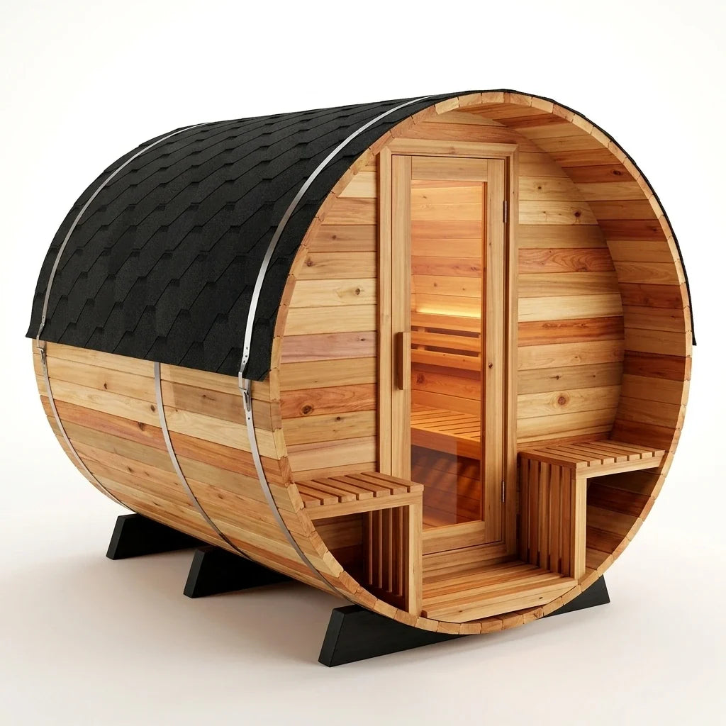 Traditional Steam Barrel Sauna Built for Luxury Wellness, 6-Person Cedar Construction, 158°F Adjustable Heat — Studio Shot
