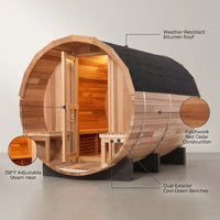 Traditional Steam Barrel Sauna Built for Luxury Wellness, 6-Person Cedar Construction, 158°F Adjustable Heat — infographic