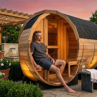 Traditional Steam Barrel Sauna Built for Luxury Wellness, 6-Person Cedar Construction, 158°F Adjustable Heat — Lifestyle